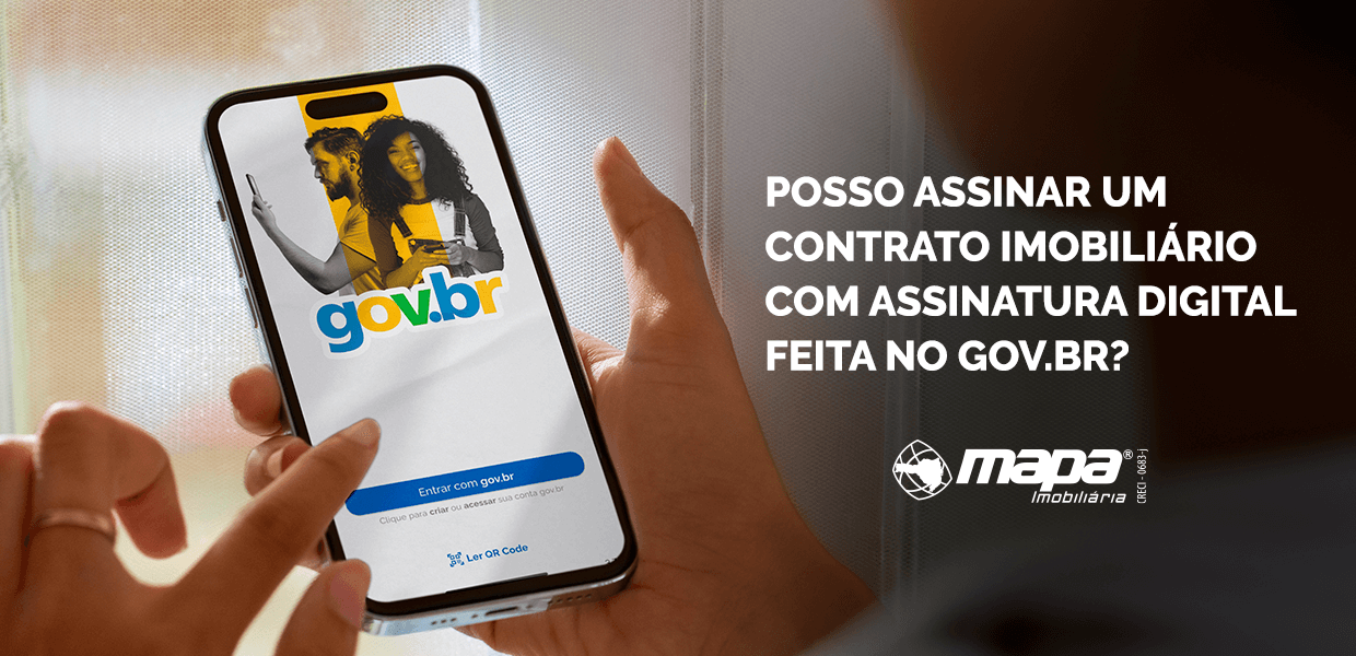 Pessoa usando o aplicativo gov.br no celular para assinar documento digital, com a pergunta sobre validade da assinatura em contratos imobiliários.